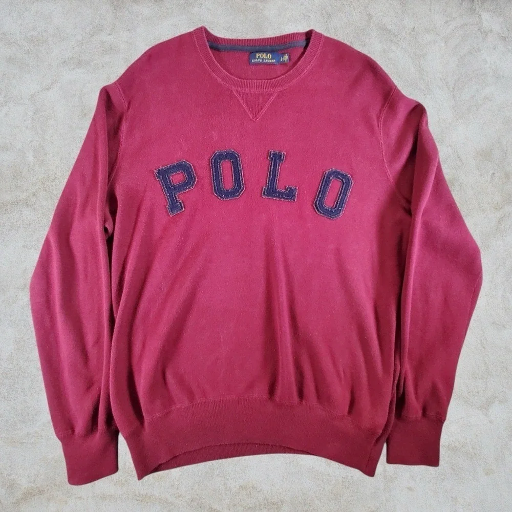 Polo by Ralph Lauren Sweater Mens Large Burgundy Red Arch Spellout Embroidered